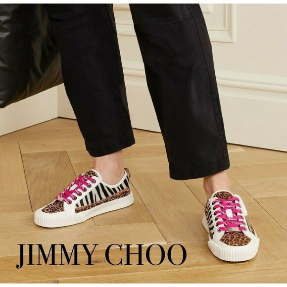 Jimmy Choo Impala Low Top Sneaker Black White Sugar Zebra Leopard Pony Mix EU 38 - Picture 1 of 8